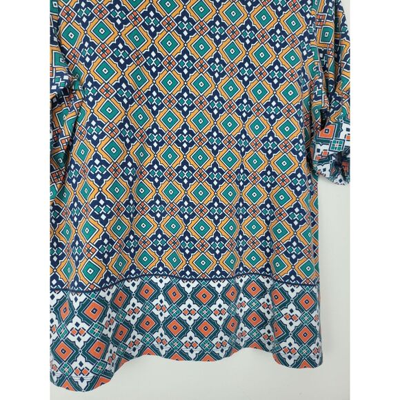 Ruby Rd Top L Womens Multicolor Crew Neck 1/2 Roll Tab Sleeve Geometric Pullover - Picture 5 of 9